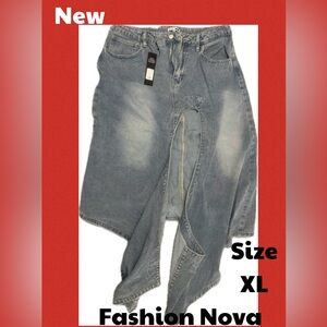 Fashion Nova Blue Denim Skirt with Distressed Details